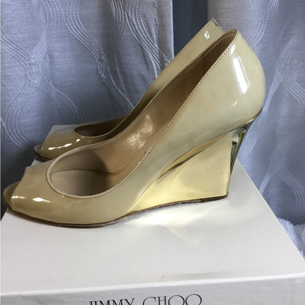 Jimmy Choo Yellow Open-Toe Leather Pumps with Gold Heel